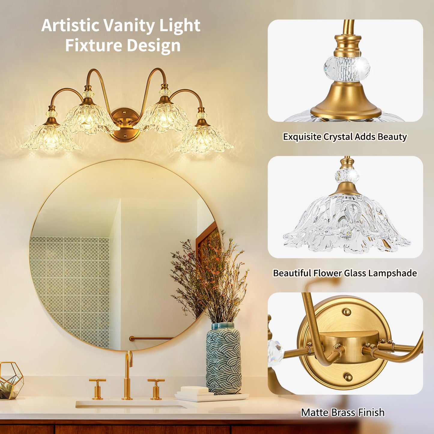 Sunkryster Vintage Matte Brass Finish Bathroom Vanity Light  4-Light Vanity Light With Floral Glass Shades  Retro Wall Mount Lighting For Bathroom  Dressing Table
