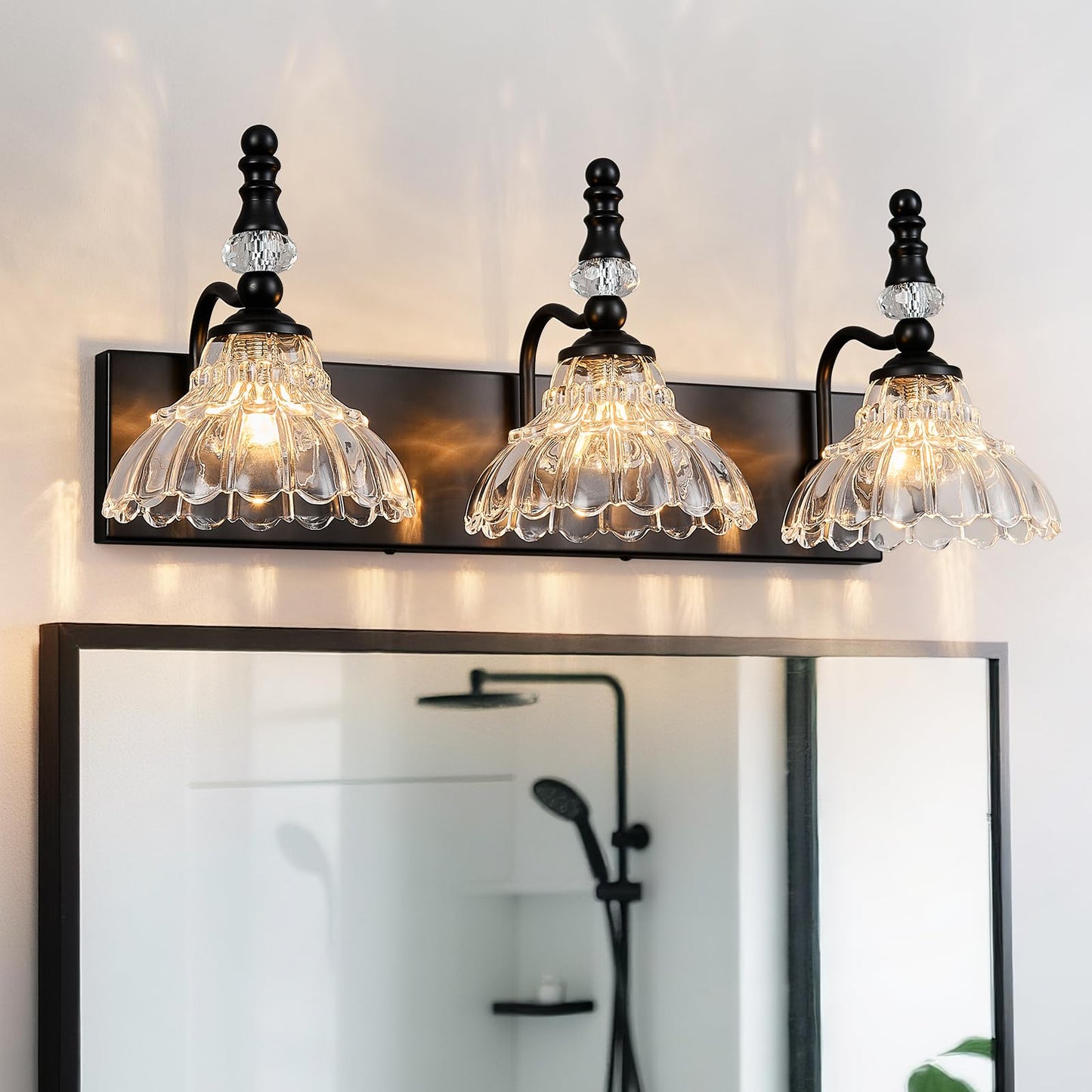 Lbsqj Vintage Bathroom Vanity Light  3-Light Black Vanity Lighting Fixture With Flower Glass Shade  Bathroom Lighting Fixtures Over Mirror