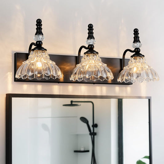 Lbsqj Vintage Bathroom Vanity Light  3-Light Black Vanity Lighting Fixture With Flower Glass Shade  Bathroom Lighting Fixtures Over Mirror