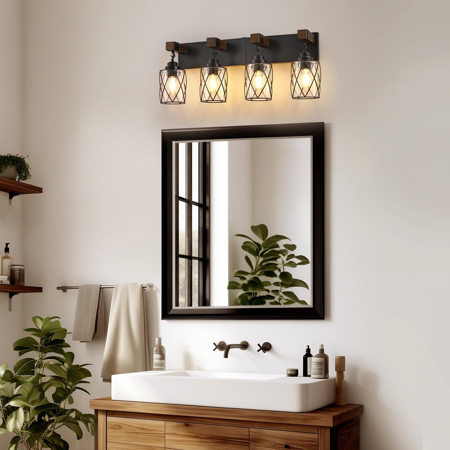 Farmhouse Bathroom Light Fixtures  4 Light Bathroom Vanity Light With Metal And Glass Lampshade  Wood Rustic Lighting Fixtures Over Mirror  Black Wall Sconces For Living Room  Bedroom