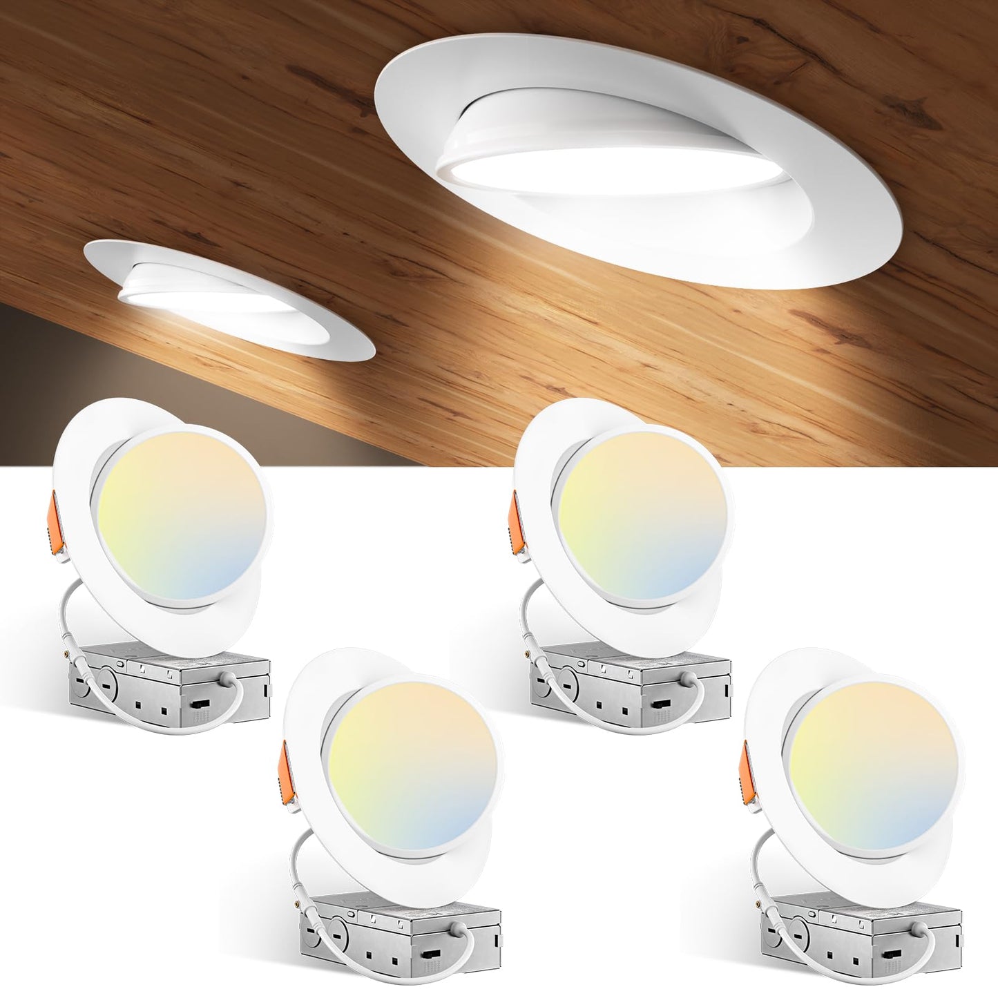 Amico 4 Pack 6 Inch 5Cct Gimbal Led Recessed Lighting  360&90 Adjustable Eyeball Directional Downlight  Dimmable  2700K/3000K/3500K/4000K/5000K Selectable  Cri90+ 12W 1200Lm  Etl&Fcc