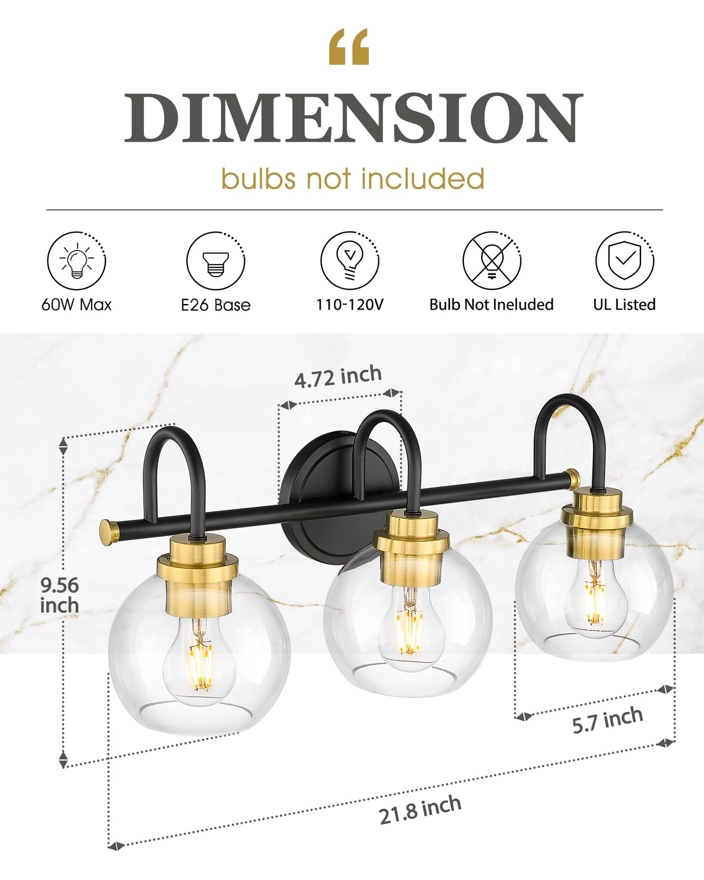 Audickic Bathroom Light Fixtures  3-Light Black And Gold Vanity Lights With Globe Clear Glass  Modern Vanity Lighting Fixtures Over Mirror  Ad-22280-3W-Kg