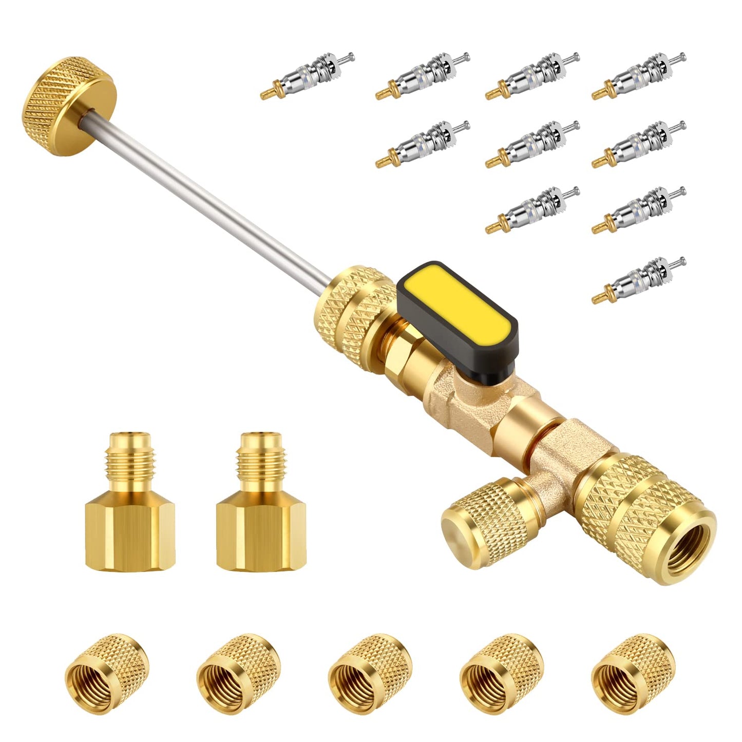 WADEO Valve Core Remover Installer Tool with Dual Size SAE 1/4 & 5/16 Port, 20 PCS Valve Cores with Teflon Seal and 10 PCS Brass Nuts, Compatible with R22 R12 R407 R410 R404 R32 R600 A/C