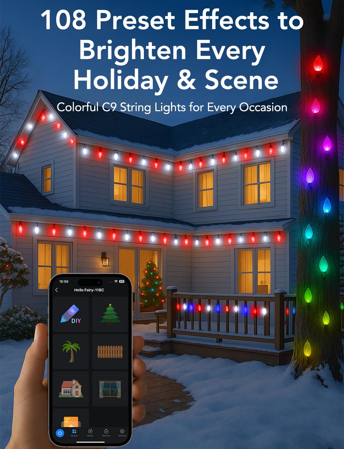 Led C9 Christmas Lights Outdoor 100Ft 150 Leds App Remote Controlled Rgb Smart String Lights With Diy Music Sync & Timer 108 Modes Waterproof & Extendable For Roofline House Xmas Tree Halloween Decor