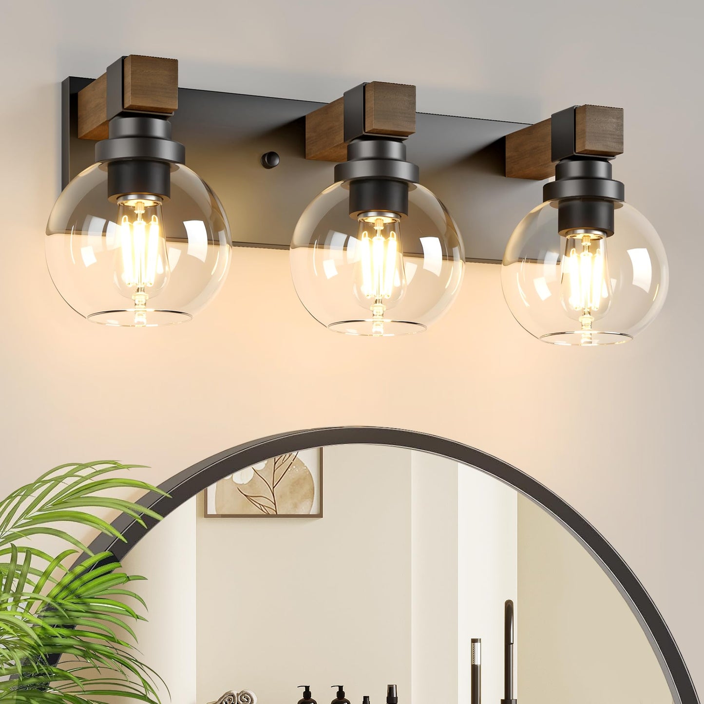 Farmhouse Bathroom Vanity Light Fixtures  3-Light Wood Bathroom Light Fixtures Over Mirror  Rustic Sconces Wall Lighting With Glass Shade For Living Room  Bedroom  Hallway
