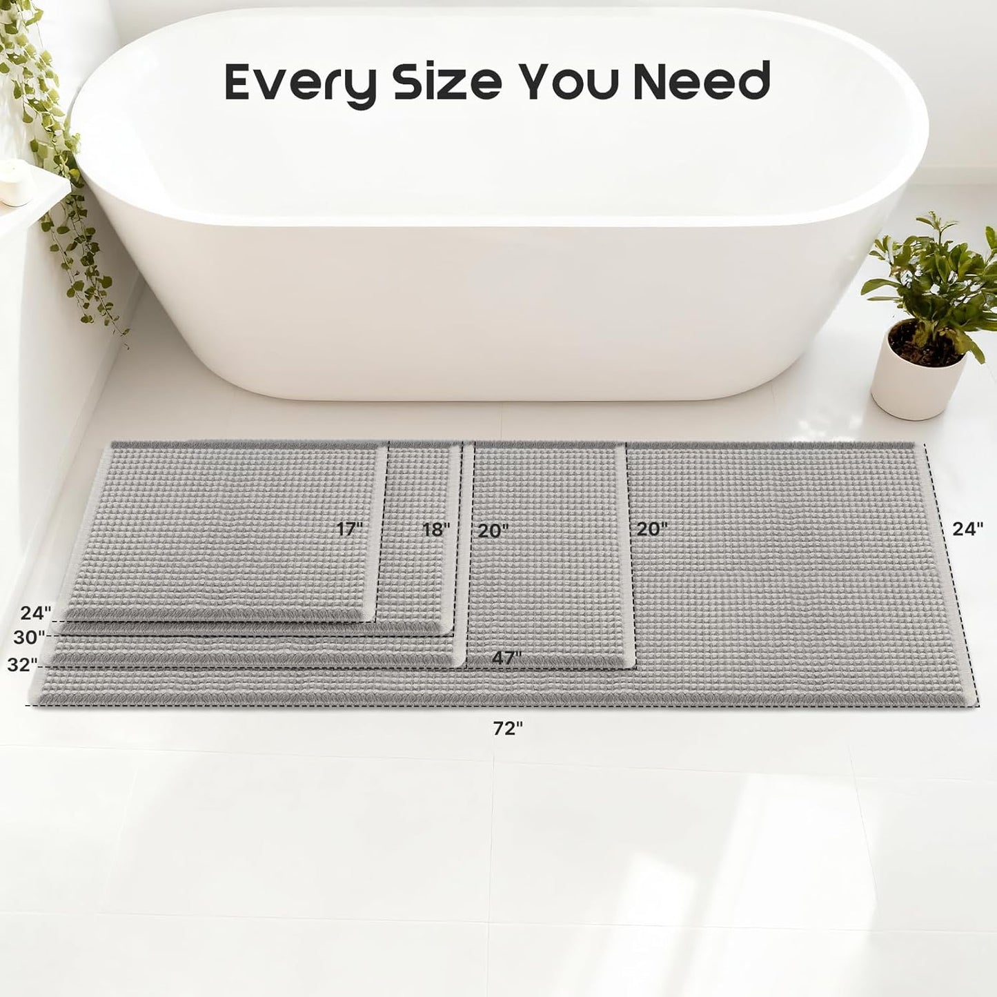 ArtyCozy Waffle Bath Mat, Super Absorbent Soft Non-Slip Boho Bath Rugs with Flat-Woven Hot Glue Backing for Bathroom, Machine Washable Bath Mats, 20" × 47", Grey & White