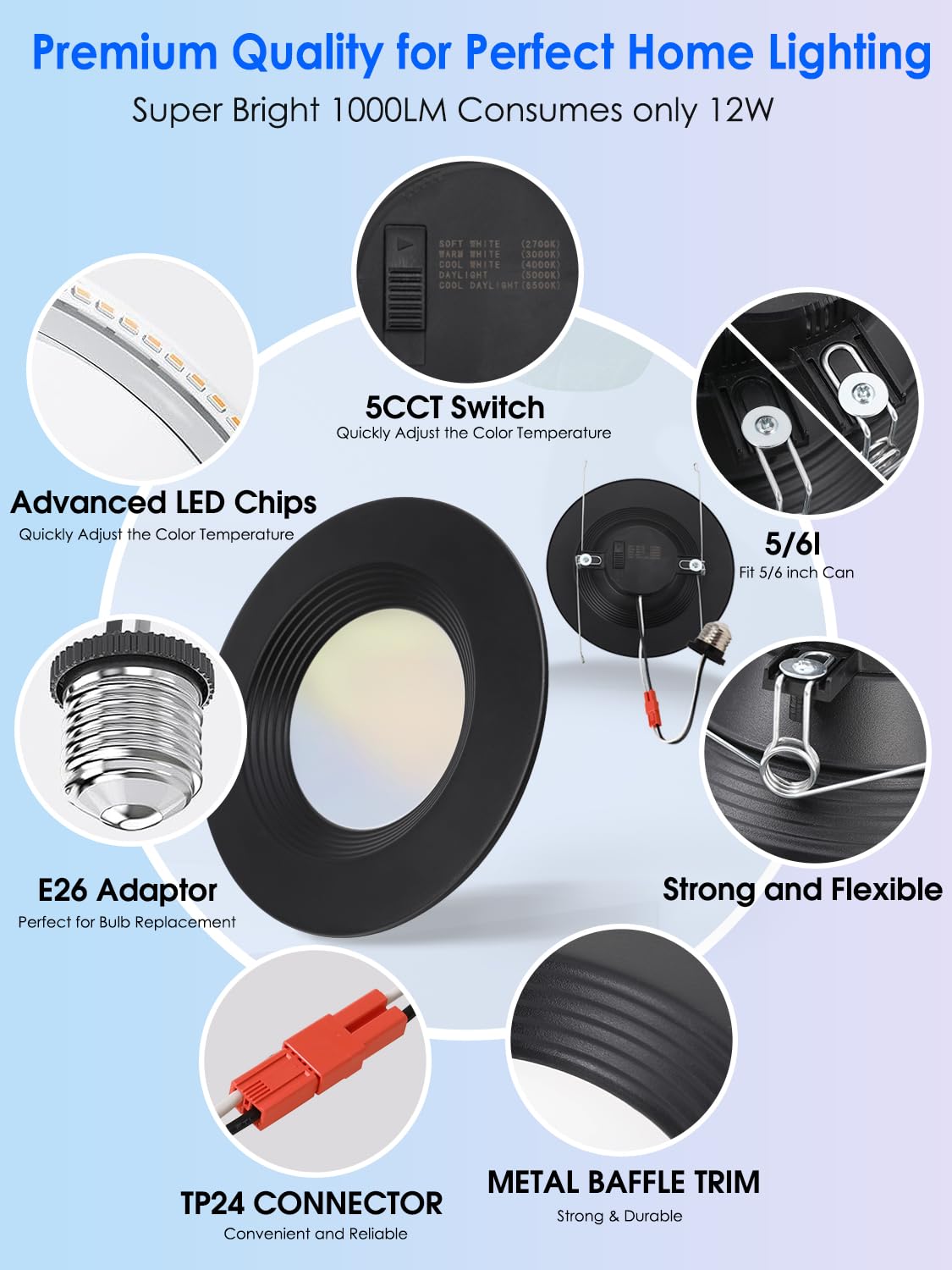 6 Pack 5/6 Inch 5Cct Black Led Recessed Lighting Retrofit  2700K/3000K/4000K/5000K/6500K Selectable  Dimmable Can Lights With Baffle Trim  12W=150W  High Brightness 1000Lm  Wet Rated  Etl Certified
