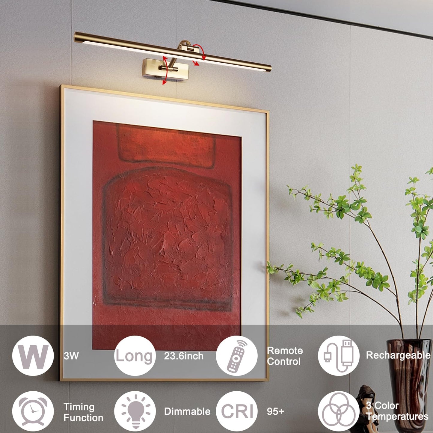 Yumcrelect 5W Led Wireless Picture Lights With Remote And Timer 23.6 Inch Rechargeable Brass Gallery Lighting Battery Operated Art Lights Over Frame Portrait