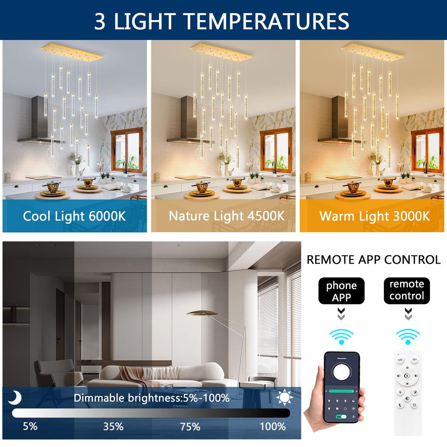 Rectangular Chandeliers 17-Lights Long Light For Entryway Led Dimmable Chandeliers Lighting Fixture Flat Sloped High Ceiling Pendant Lights Crystal For Living Room Foyer Hallway Staircase Gold
