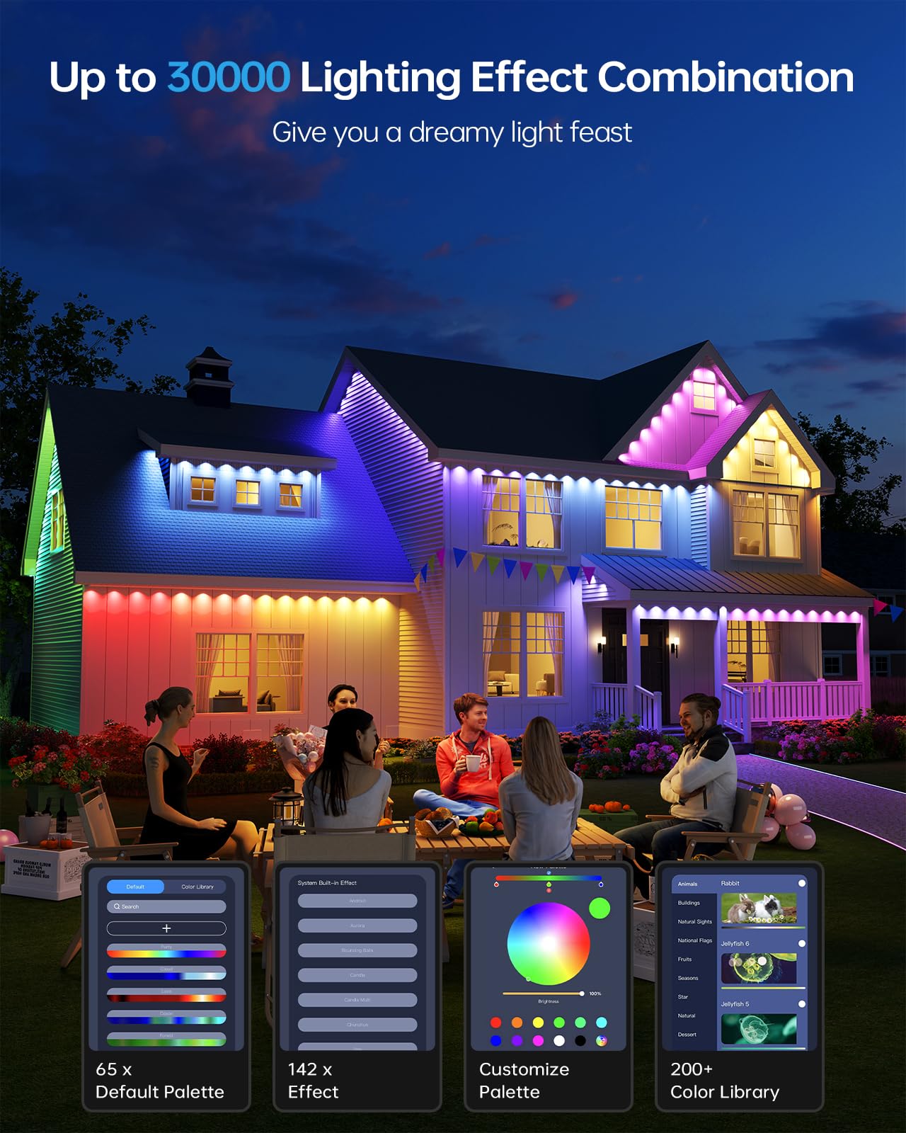 Asahom Ai Permanent Outdoor Lights S107F  400Ft With 288 Rgbcw Led Lights And Dual Output  30 000 Lighting Effect Combination  Ip67 Waterproof For House Christmas New Year And Daily Decoration  White