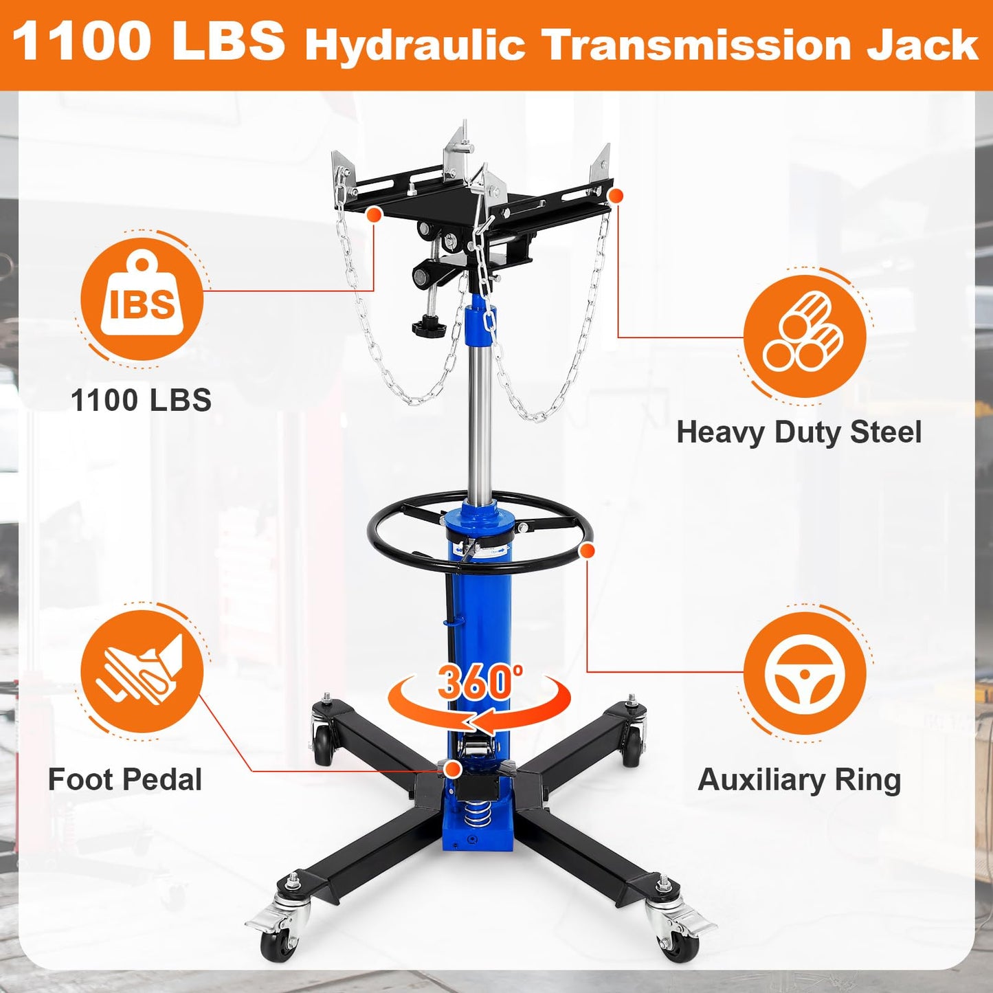COZONY Transmission Jack, 1100lbs (1/2 Ton), 2-Stage Hydraulic Telescopic Design, Lifts 34"-68", with Foot Pedal & 360° Swivel Wheels, Ideal for Garage and Car Lifting, Blue