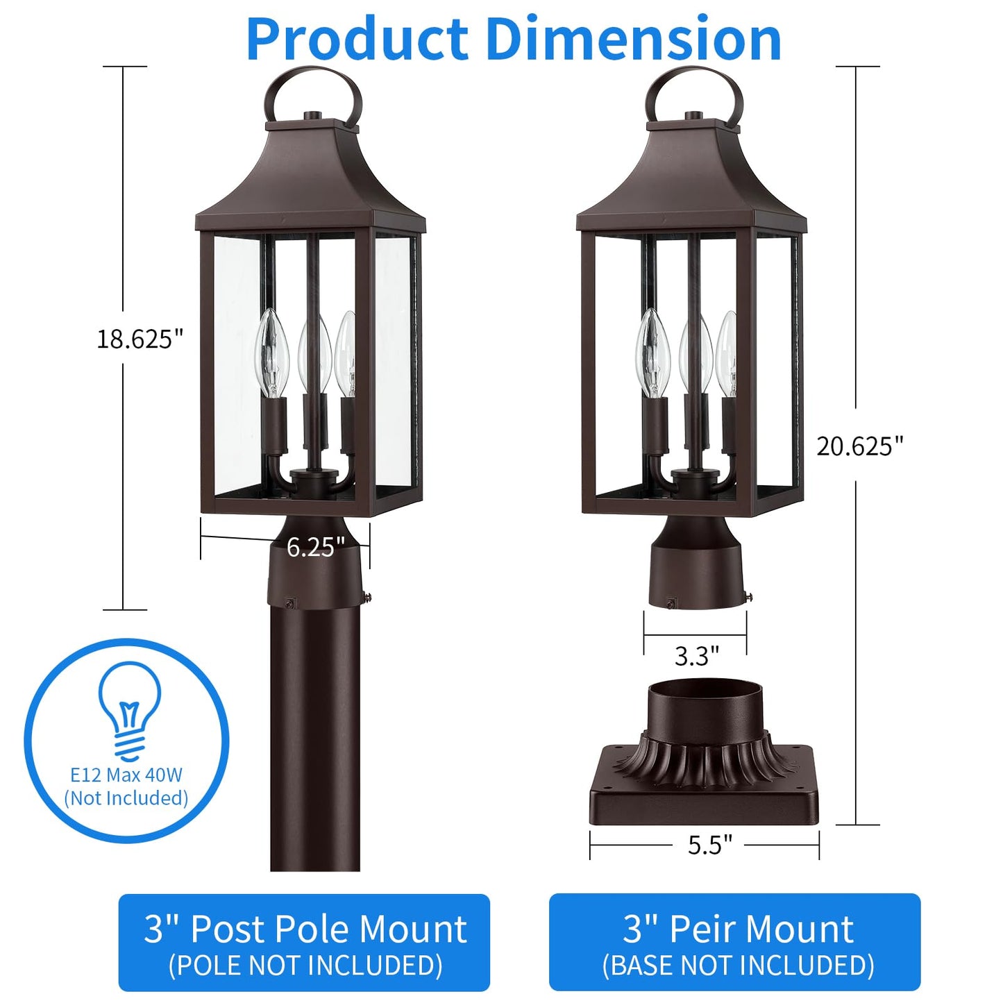 Myhxq 18.62 Post Light Outdoor  Large 3-Light Lamp Post Light Fixture  Modern Pillar Outside Lighting Waterproof Post Lantern Lamp Outdoor Post Light Fixtures Pole Lights For Porch  Brown  1 Pack