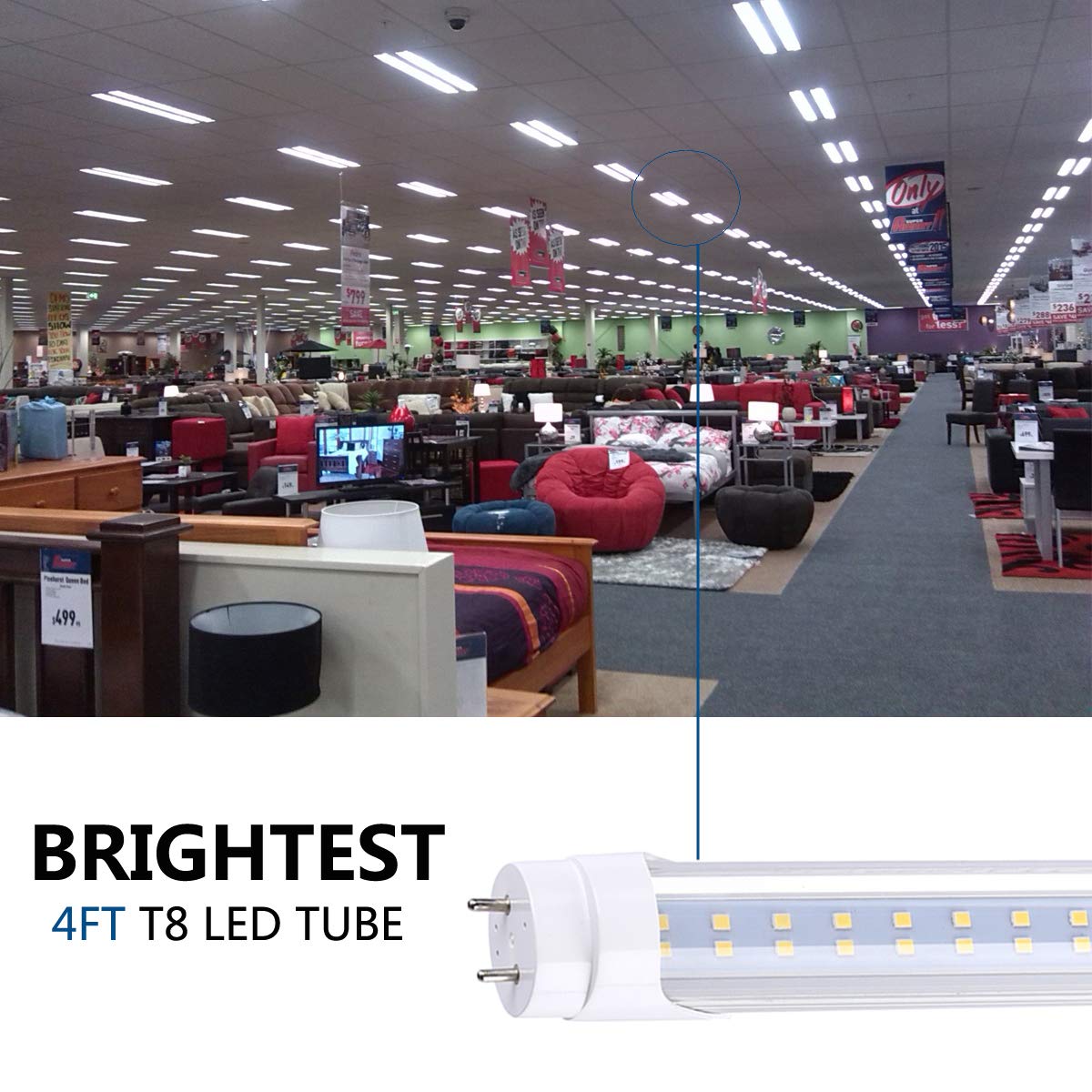 JOMITOP T8 LED Tube Light 28W, 3360 Lumens, Cold White 6000K, Dual-End Powered, Aluminum, 4FT, Model T812-28