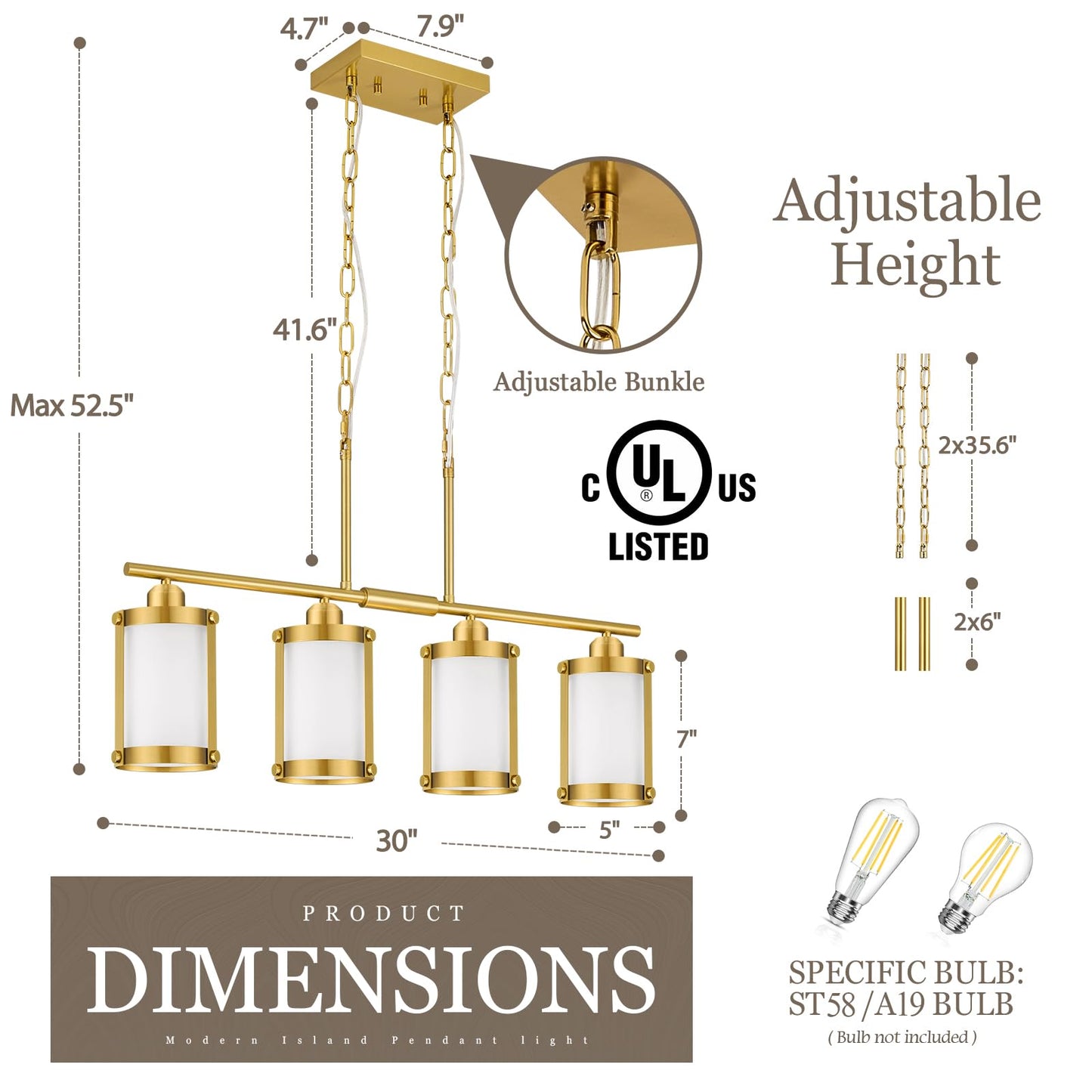 Osimir 4-Light Kitchen Island Lighting  Brushed Gold Linear Dining Room Light Fixtures With Frosted Glass  Modern Mid Century Chandelier Pendant Light For Kitchen Island Dining Room  Os-3014-4Isbgw