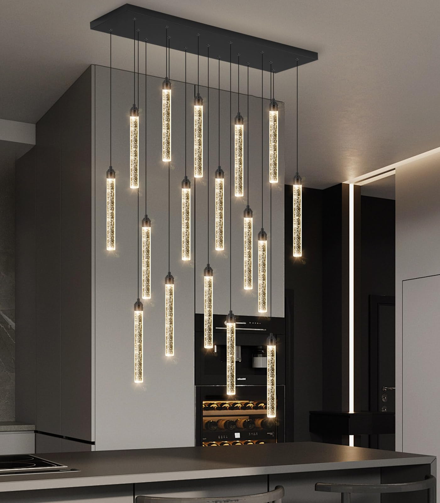 Rectangular Chandeliers 17-Lights Long Light For Entryway Led Dimmable Chandeliers Lighting Fixture Flat Sloped High Ceiling Pendant Lights Crystal For Living Room Foyer Hallway Staircase Black