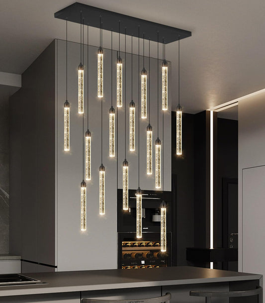 Rectangular Chandeliers 17-Lights Long Light For Entryway Led Dimmable Chandeliers Lighting Fixture Flat Sloped High Ceiling Pendant Lights Crystal For Living Room Foyer Hallway Staircase Black