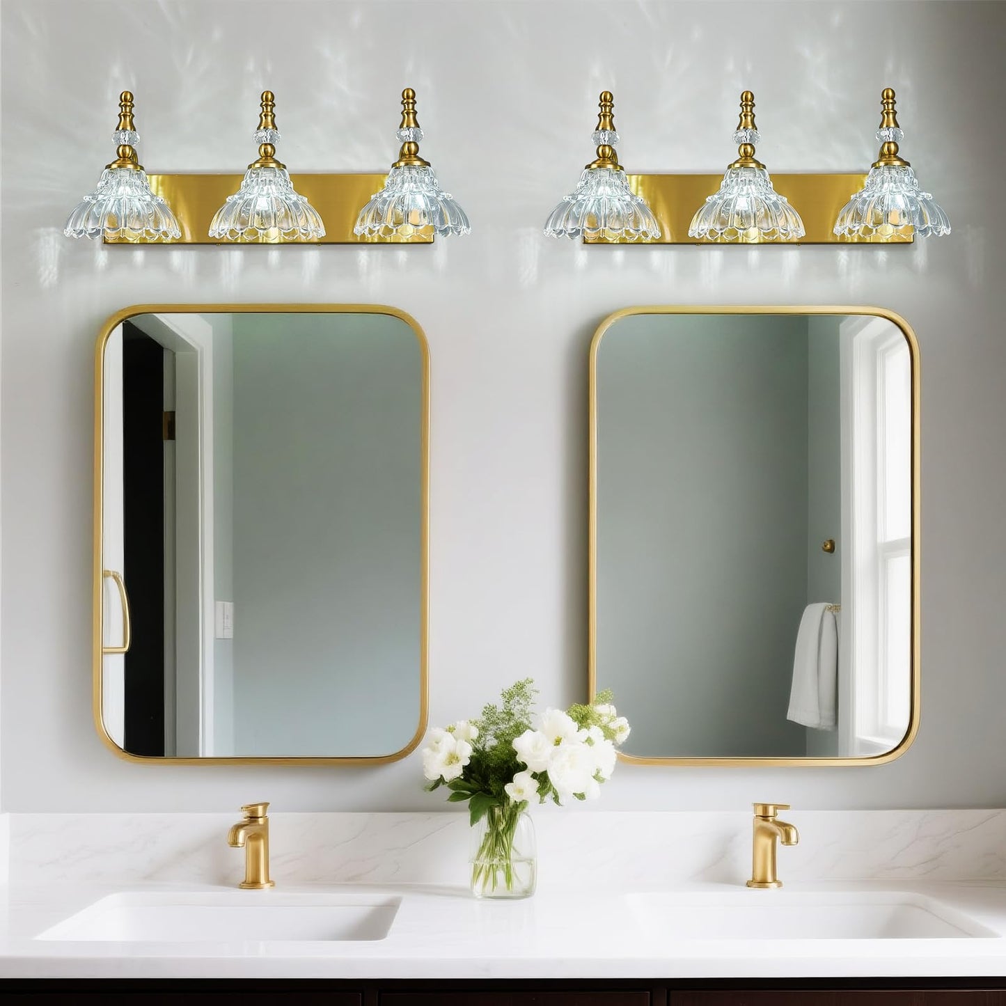 Lbsqj Vintage Bathroom Vanity Light  3-Light Gold Vanity Lighting Fixture With Flower Glass Shade  Bathroom Lighting Fixtures Over Mirror