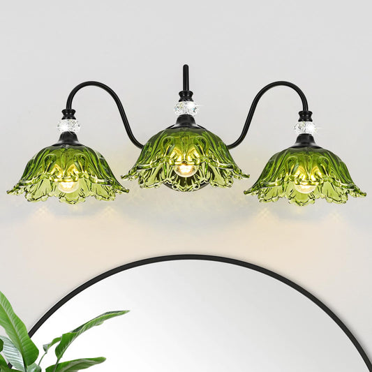 Sunkryster Black Bathroom Vanity Light 3-Light Vanity Light With Floral Green Glass Shades Vintage Farmhouse Wall Mount Lighting For Bathroom  Dressing Table