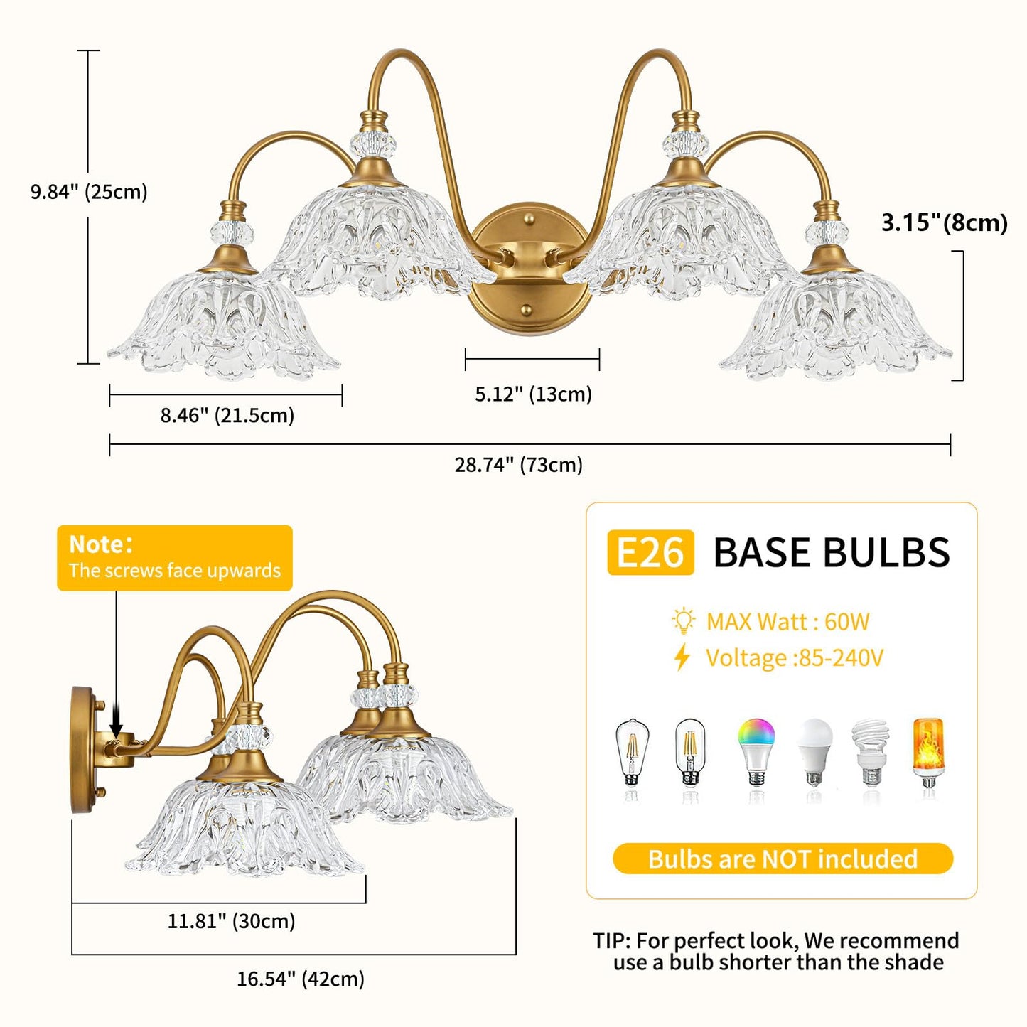 Sunkryster Vintage Matte Brass Finish Bathroom Vanity Light  4-Light Vanity Light With Floral Glass Shades  Retro Wall Mount Lighting For Bathroom  Dressing Table