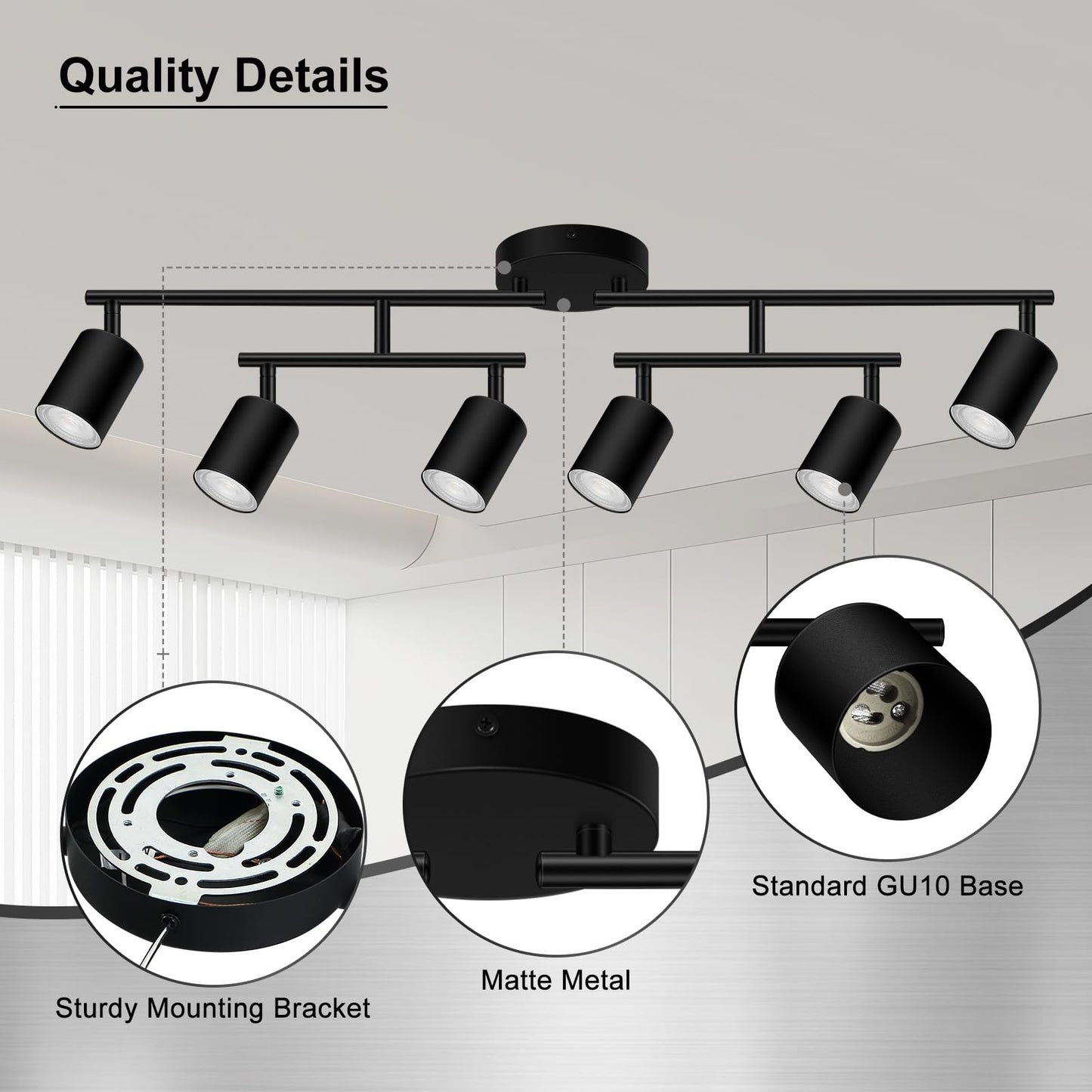 Auquee 6 Light Track Lighting Fixtures Ceiling  Matte Black Kichen Track Lighting Fixtures With Rotatable Light Heads  Upgrade Light Poles  Modern Led Sopt Lights For Kitchen/Hallway  No Gu10 Bulb