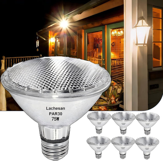 Lachesan 120V 75W Par30 Halogen Flood Light Bulbs Short Neck Bulb 75W Equivalent 2700K Warm White Dimmable High Brightness  Great For Accent Lighting  Tracking Light  Recessed Light Bulb(6Pack