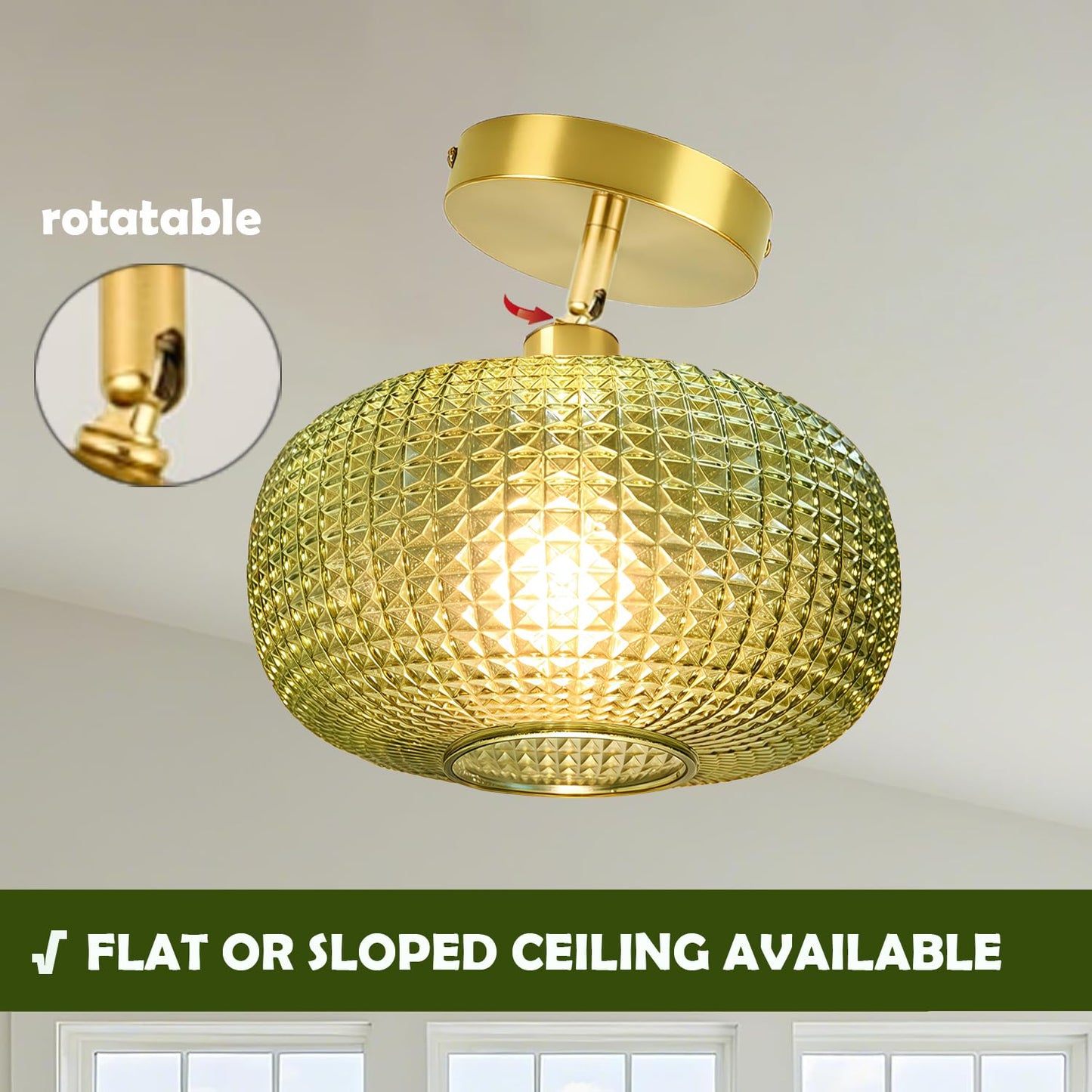 Semi Flush Mount Ceiling Light Fixture Hallway Light Fixtures Vintage Globe Glass Ceiling Fixture With Green Shade Kitchen Ceiling Light Fixture Farmhouse Ceiling Lighting For Bathroom Entryway Porch