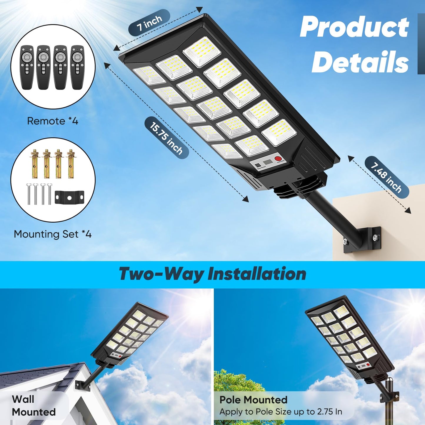 Solar Street Lights Outdoor Waterproof  30000Lm 6500K Led Motion Sensor Lights  Solar Flood Lights With Remote  Dusk To Dawn Solar-Powered Parking Lot Light  Commercial Area Lighting For Yard  4-Pack