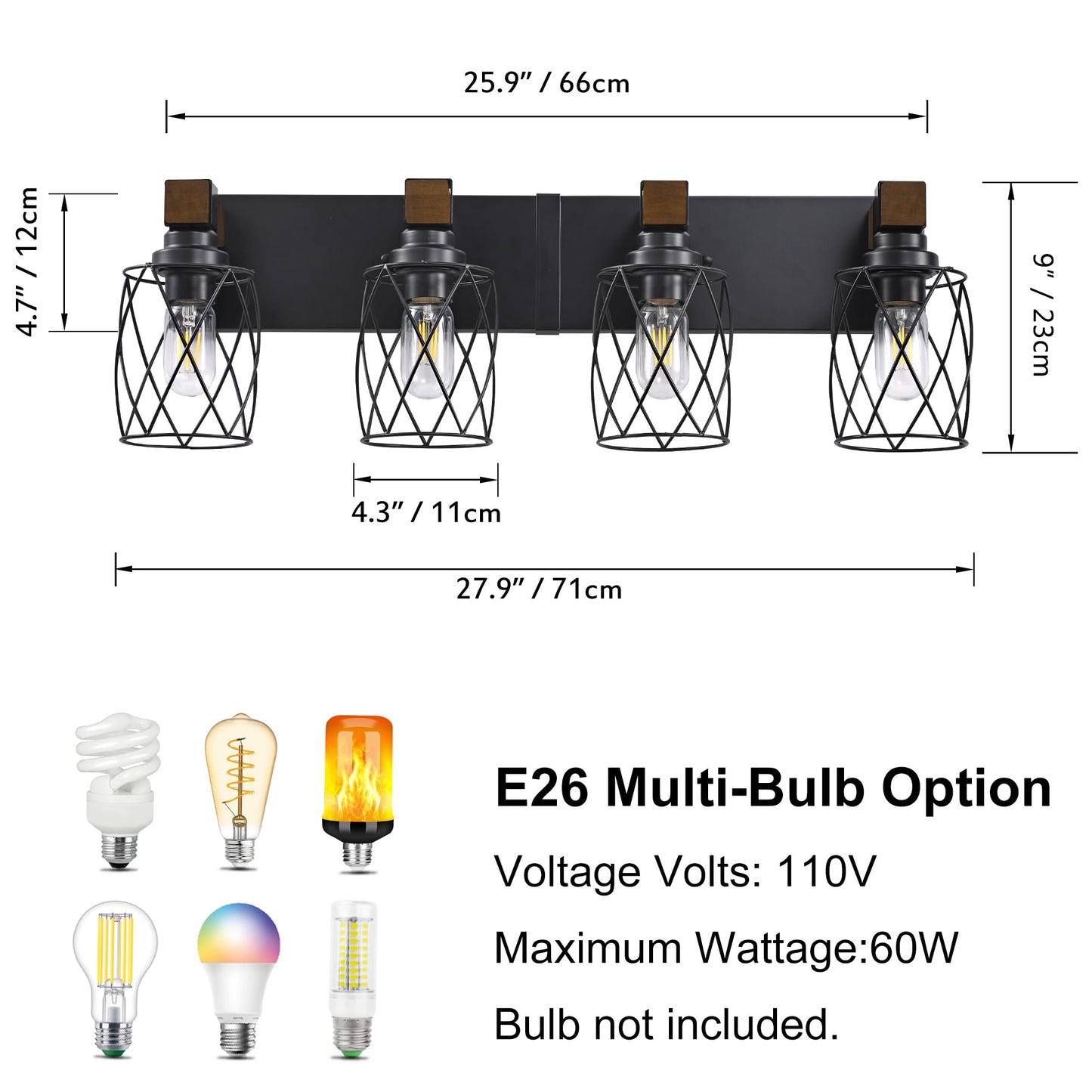 Xvmbvm Farmhouse Bathroom Vanity Light  4-Light Wood Bathroom Light Fixtures Over Mirror  Black Industrial Vanity Lights With Metal Shade  Rustic Bathrooms Lighting For Living Room  Bedrooms  Hallway