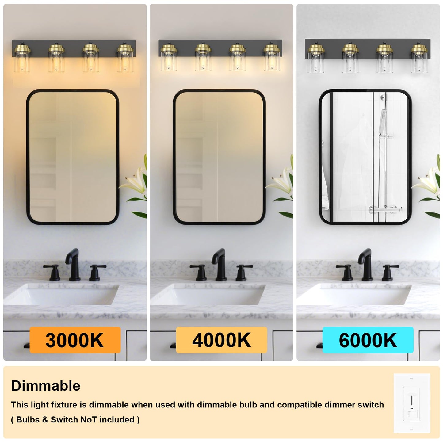 Izorro Bathroom Vanity Light Fixture  4-Light 27.5 Inch Black And Gold Bathroom Light Fixtures Over Mirror  With Clear Glass Shade  Modern Farmhouse Vanity Lights  Rustic Restroom Lighting Fixtures
