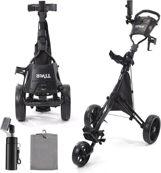 3 Wheel Golf Push Cart,Lightweight Golf Pull Cart with Quad-Fold Frame,and Cleaning Kit Golf,Cooler Bag,Cup/Phone/Umbrella Holder Compact Golf cart-black