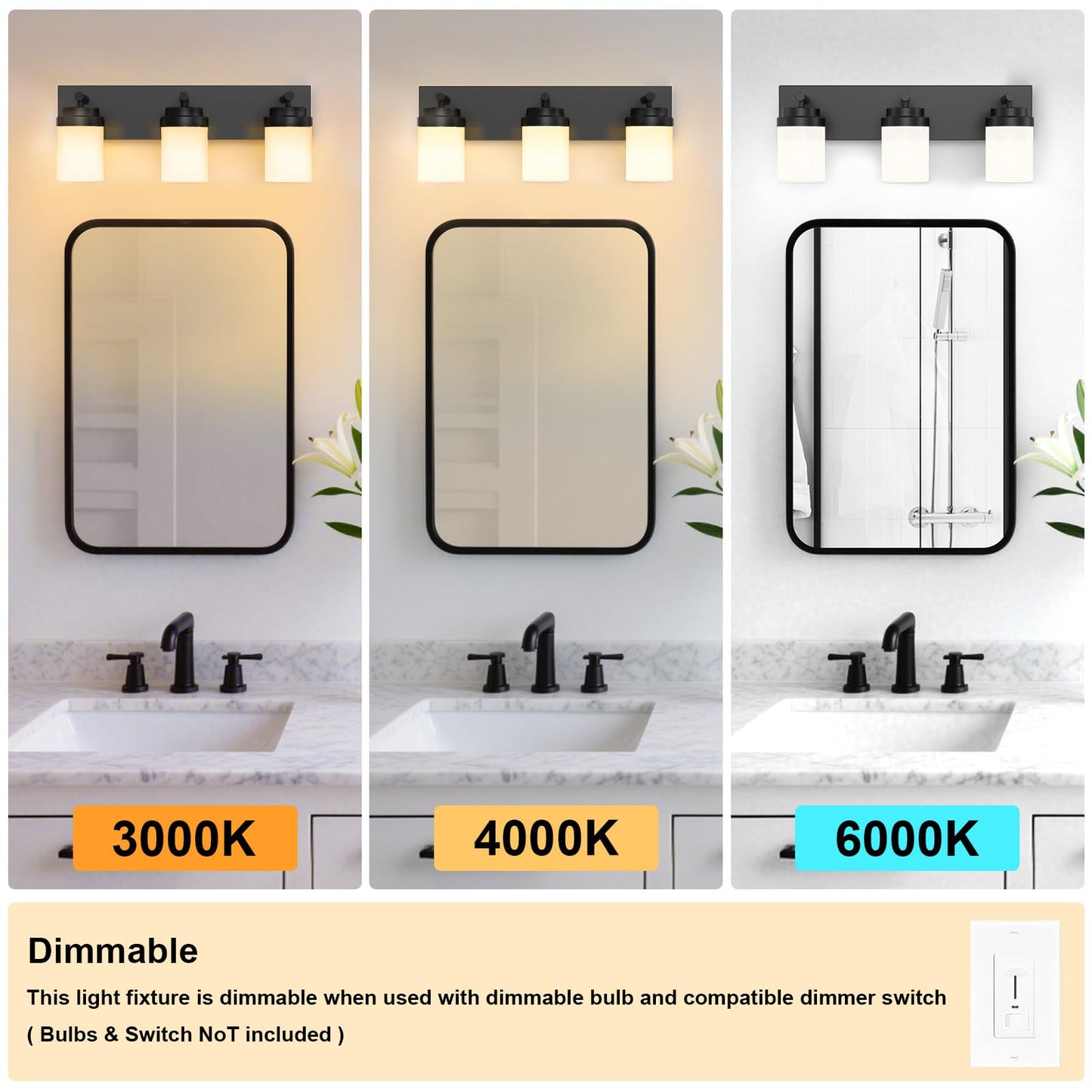Izorro Bathroom Vanity Light Fixture  3-Light 22 Inch Matte Black Bathroom Light Fixtures Over Mirror  With White Glass Shade  Modern Farmhouse Vanity Lights  Rustic Restroom Lighting Fixtures