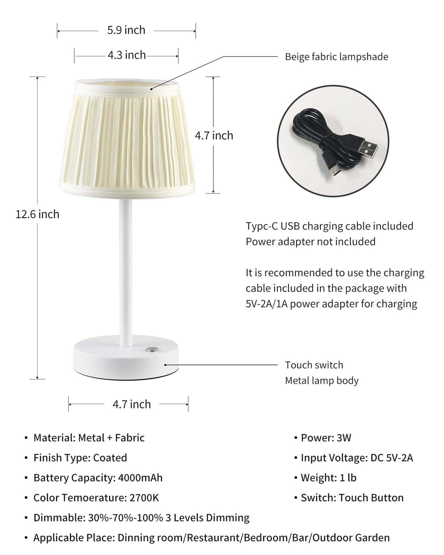 Pusu 2 Pack Cordless Led White Table Lamps  Rechargeable 4000Mah 3 Way Dimmable Bedside Small Lamp With Fabric Shade  Lighting For Bedroom  Kids Room  Bathroom  Kitchen  Decor  Gift  Night Light