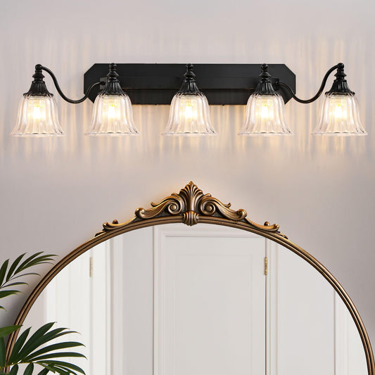 Dvmteom Black Vintage Bathroom Vanity Light Fixture  5-Light Vanity Light For Bathroom  Antique Matte Black Finish With Crystal Glass Shade  Lighting Fixtures Over Mirror For Bedroom Living Room