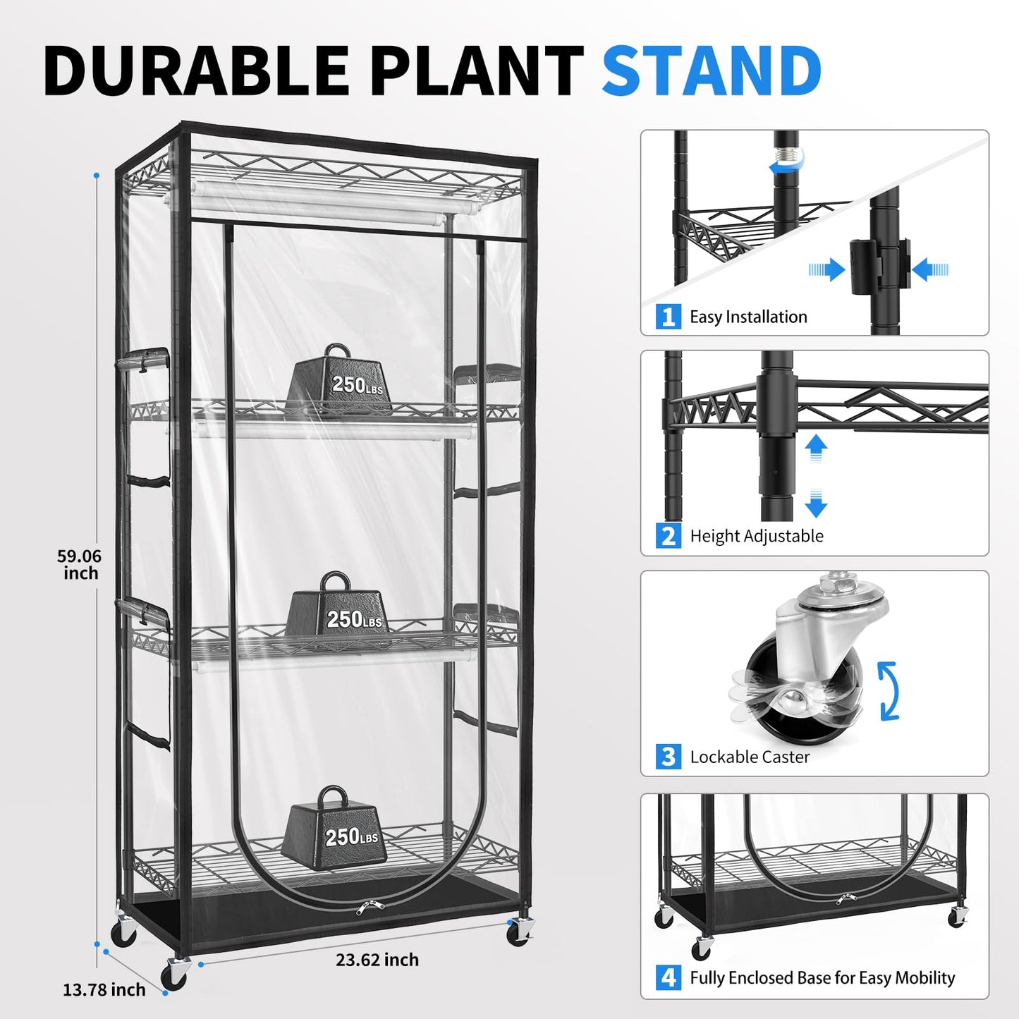 Jesled Indoor Greenhouse With Grow Light  2Ft Full Spectrum 5000K Led Light For Seed Starting  Tiered Lighting Control  Built-In Timer & Thermo-Hygrometer  Rolling Metal Plant Stand (23.6X13.8X59In)