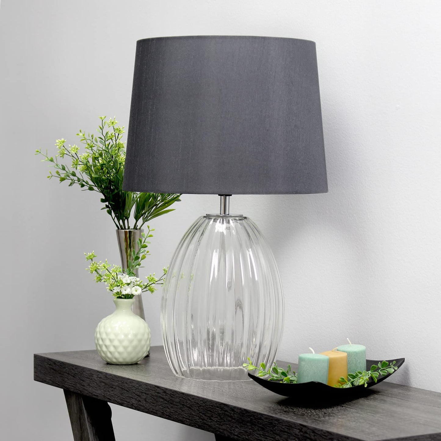 Elegant Designs LT2108-GRY Modern Farmhouse Bedside Table Lamp, 17.63in Ribbed Glass with Gray Fabric Shade, Natural/Light Beige