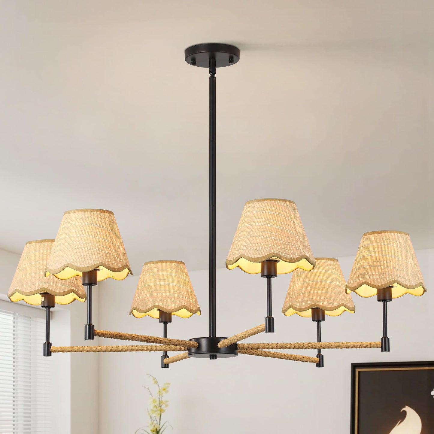 Zxfdwb Boho Rattan Farmhouse Chandelier  6-Light Modern Large Black Pendant Light  Rustic Adjustable Hanging Lighting Fixture For Dining Room  Kitchen Island Living Room