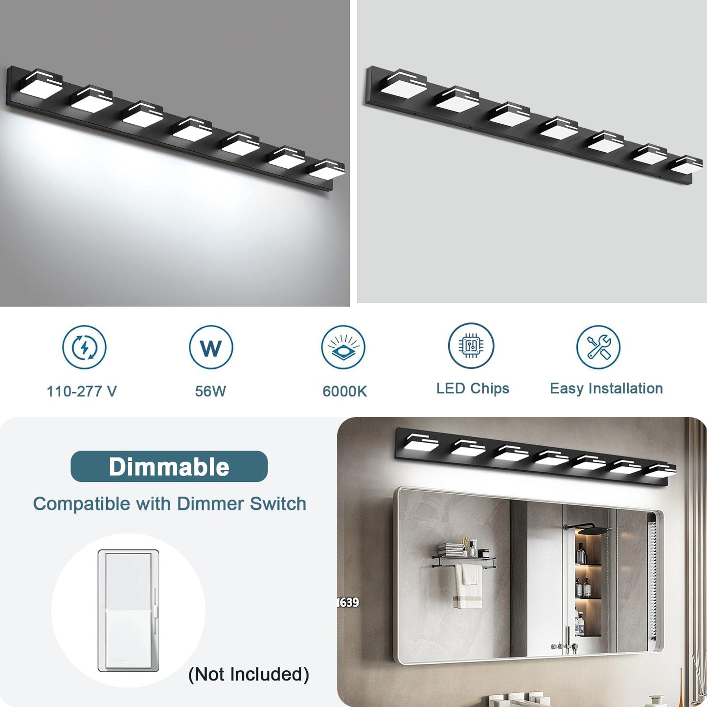 Lkhf Led Modern Bathroom Vanity Light Fixtures  7-Light 48-Inch Dimmable Matte Black Vanity Lights For Bathroom Lighting Fixtures Over Mirror  With 350?Rotatable Acrylic Heads (Cool White 6000K)