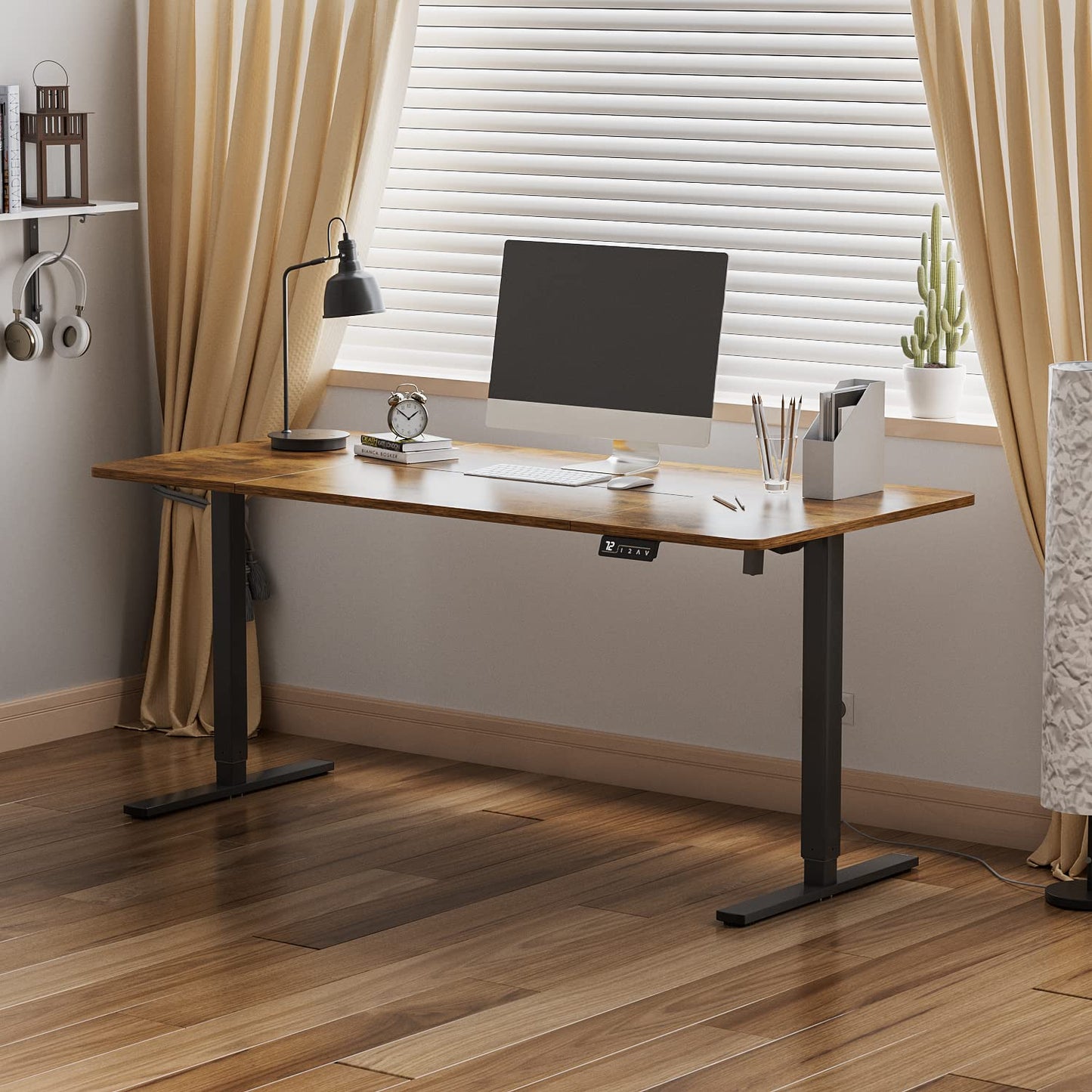 YESHOMY Height Adjustable Electric Standing Desk 63 inch Computer Table, Home Office Workstation, 63in, Black Leg/Rustic Brown Top