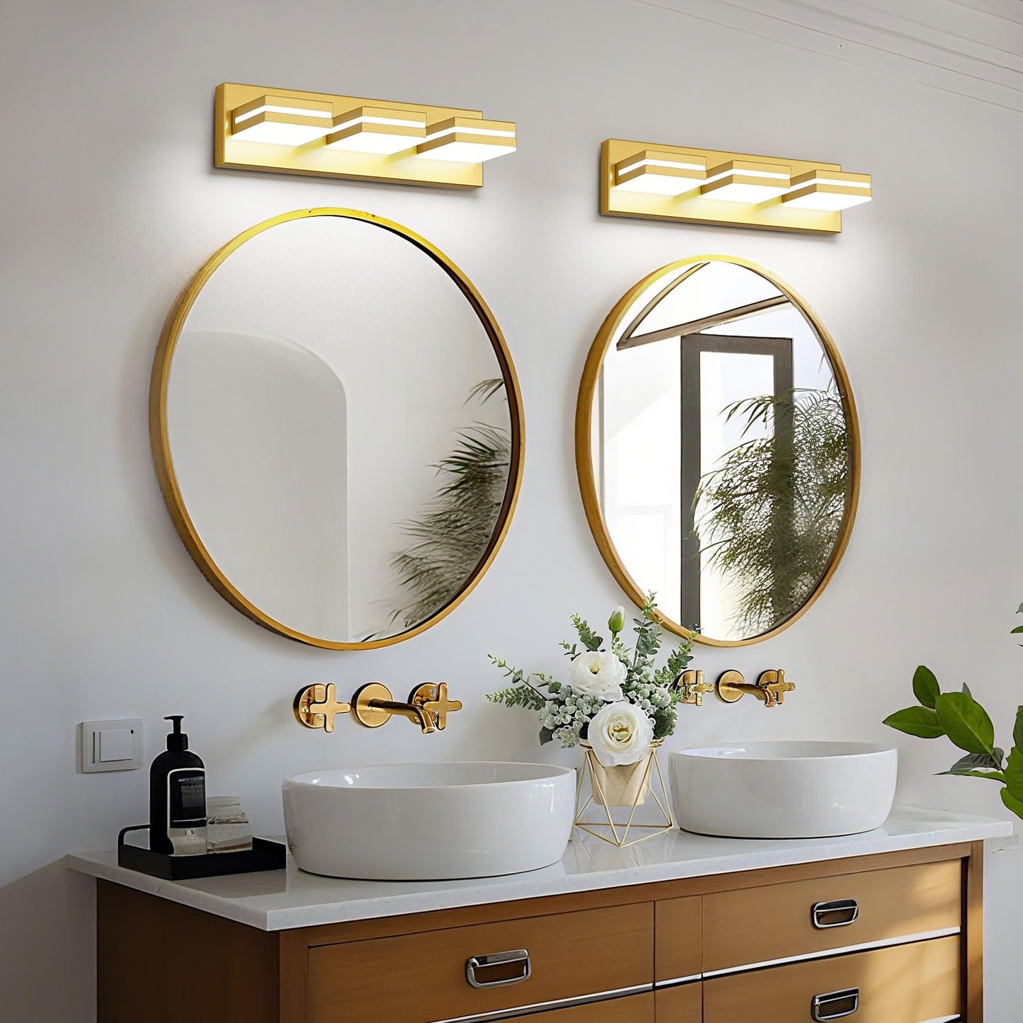 Jzekvn Modern Led Bathroom Lights Fixtures(3-Light) Metal Gold Acrylic Wall Lighting Vanity Lights For Bathroom Over Mirror 6000K 16In