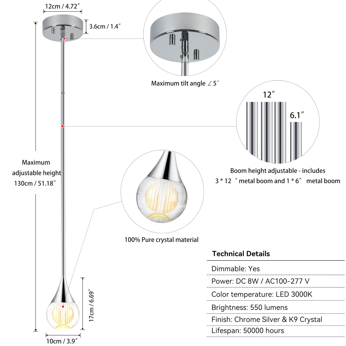 2-Pendant Lights Kitchen Island  Chrome Silver Globe Crystal Ceiling Hanging Light Fxitures  Led Light Fixtures Metal Rod Ceiling Glass Pendant Lighting For Kitchen Island Dining Room Bar