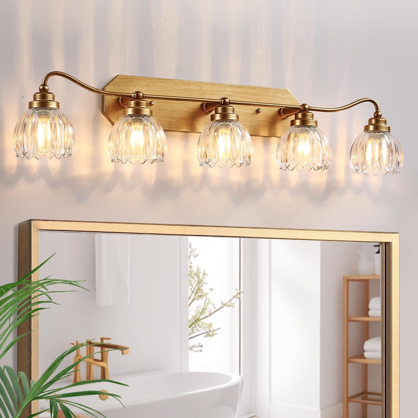 Vintage Bathroom Light Fixtures  5 Light Gold Bathroom Vanity Light  Matte Antique Brass Finish With Crystal Glass Shade  Wall Sconces Lighting For Bedroom  Living Room  Hallway