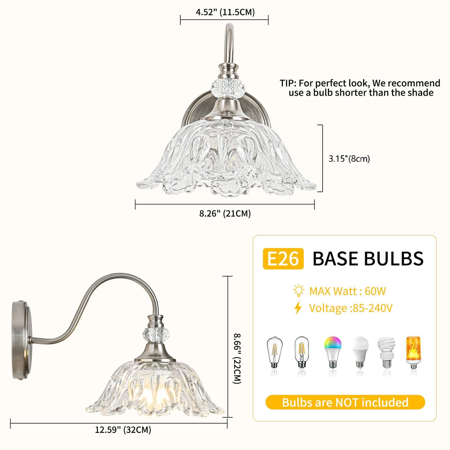 Sunkryster 1 Piece Brushed Nickel Wall Sconce With Floral Clear Glass Shade  Brushed Nickel Finish Wall Mount Lighting For Bathroom  Modern Bathroom Vanity Light Fixture
