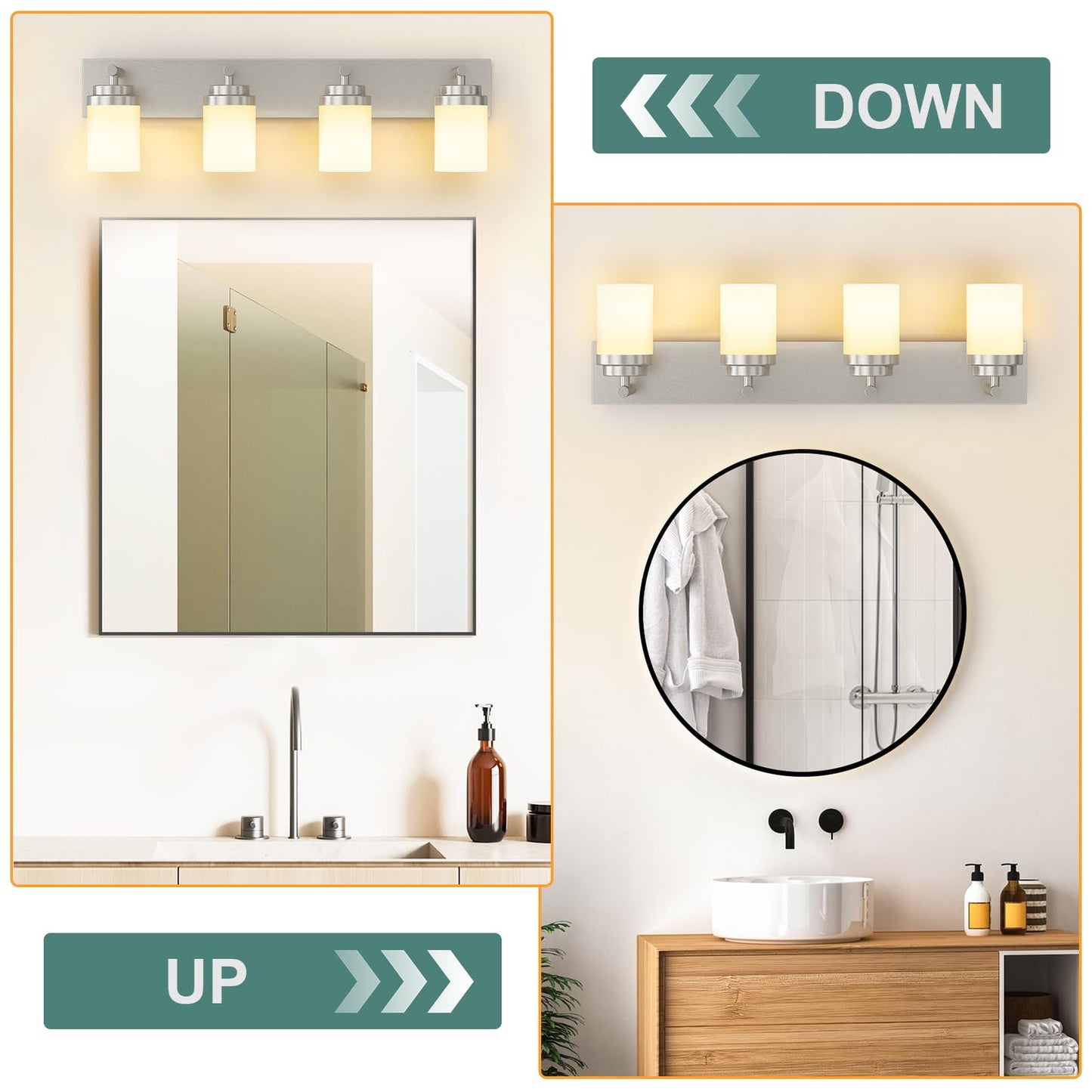 Izorro Bathroom Vanity Light Fixture  4-Light 27.5 Inch Brushed Nickel Bathroom Light Fixtures Over Mirror  With White Glass Shade  Modern Farmhouse Vanity Lights  Rustic Restroom Lighting Fixtures