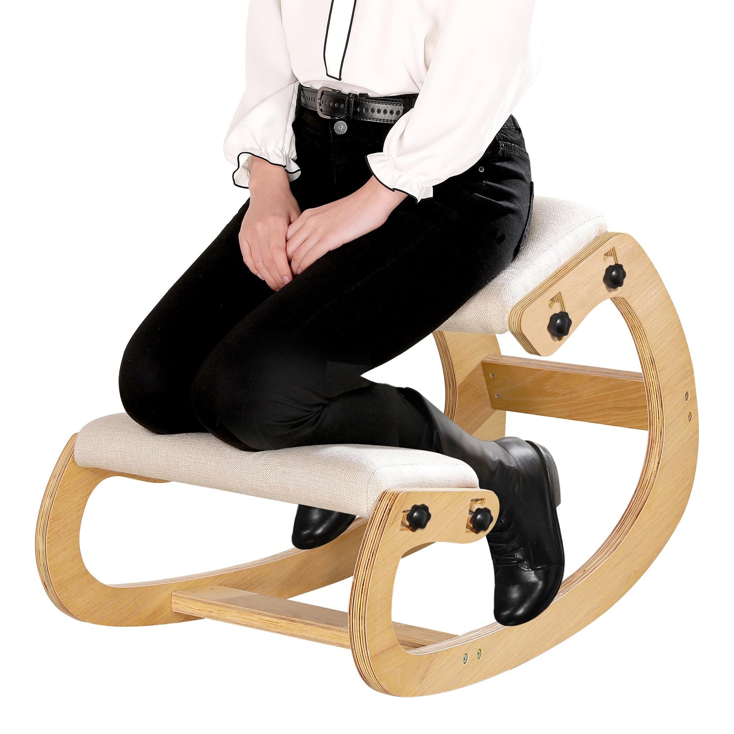 Predawn Adjustable Ergonomic Kneeling Chair – Custom Height Rocking Posture Stool with Thick Cushions, Solid Wood Frame, Knee Support Seat for Adults, Office or Meditation Use(White Oak)