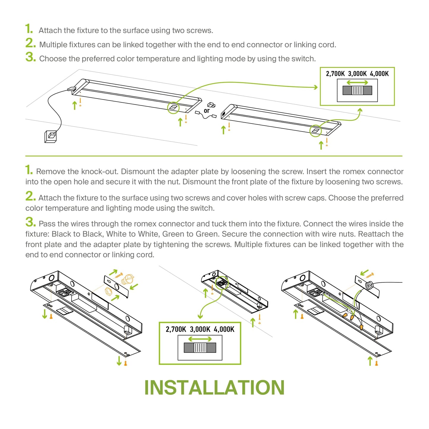 Asd Led Under Cabinet Lighting, 9 Inch, Dimmable, Hardwired/Plug-In, 3 Color Levels, Aluminum, White Finish, Model A-Ucl-9D3Cc-W