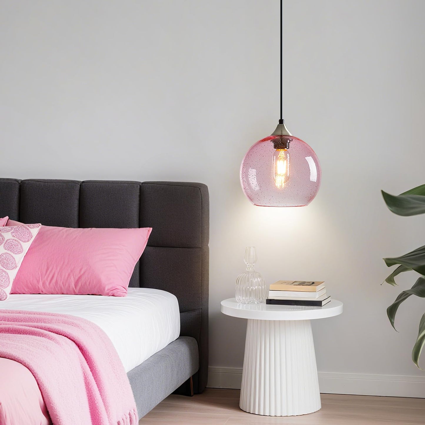 Lbsqj Pink Glass Pendant Lights Kitchen Island Lighting Globe Pendant Light Fixtures Modern Pendant Lighting For Bedroom Living Dining Room Light Fixture (7.87 In  1 Pack)