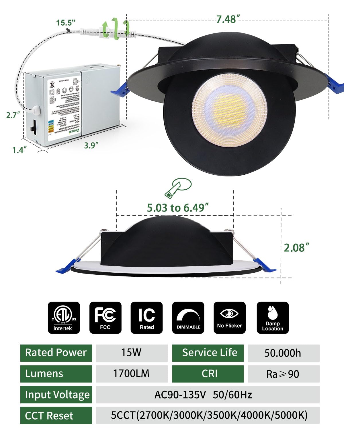 Zouzai 6 Inch 5Cct Gimbal Black Led Recessed Lights  360+90 Adjustable Directional Recessed Lighting  2700K-5000K Dimmable Retrofit Eyeball Can Lights With Jbox  Etl&Energy Star(Black 6 Pack)