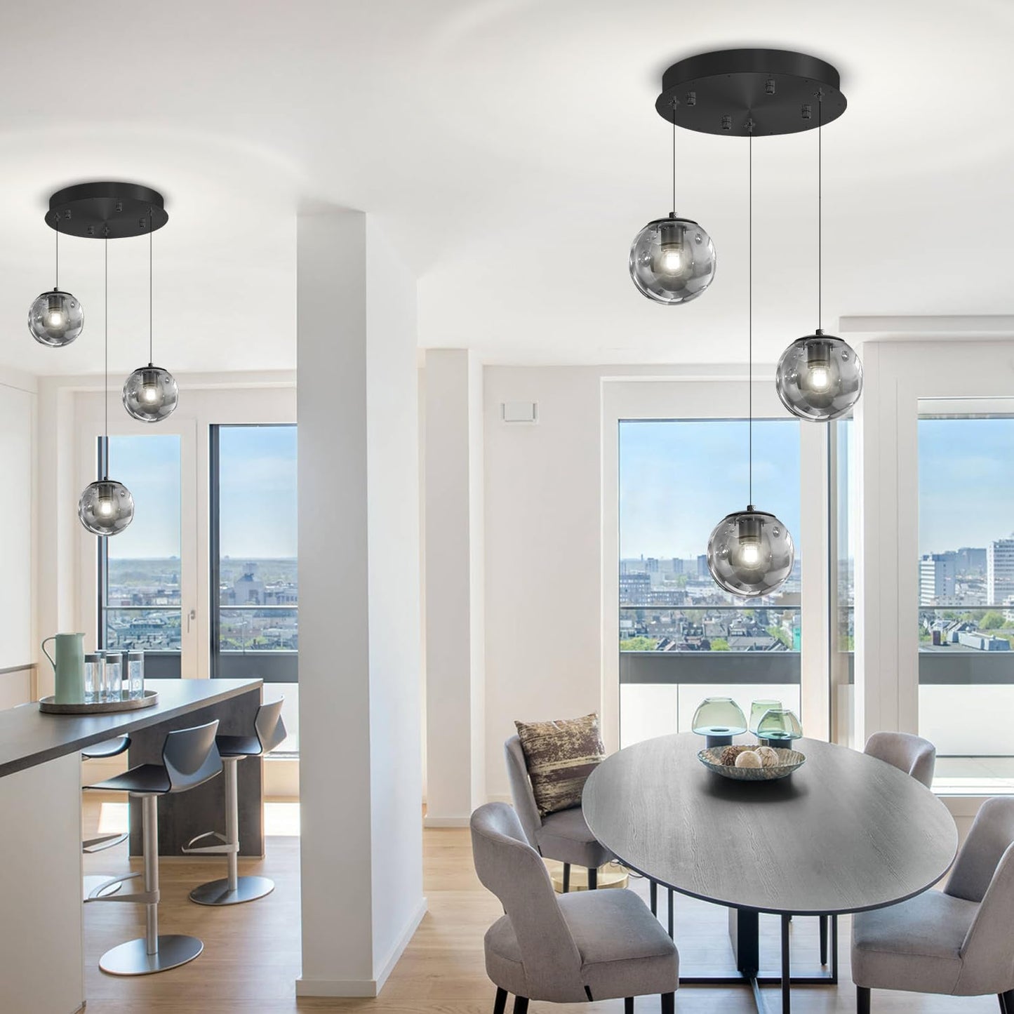 Ykolupty 3-Light Black Pendant Light Fixtures Modern Smoke Gray Glass Globe Pendant Lights Kitchen Island Adjustable Hanging Lights Globe Stairwell Lighting Black Chandelier For Dining Room