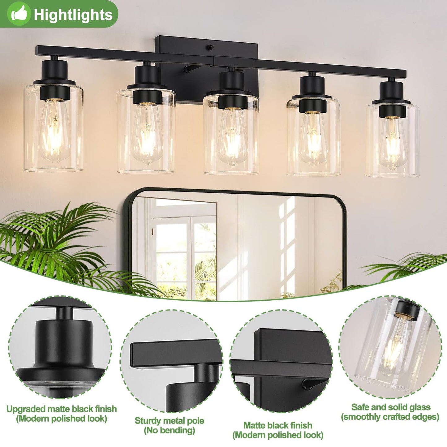 5-Light Bathroom Light Fixtures  Matte Black Modern Vanity Lights With Clear Glass Shades  Bathroom Vanity Light For Mirror Living Room Cabinet Bedroom Porch