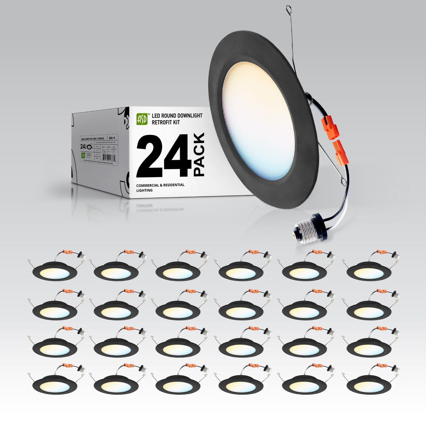 Asd Flat Trim Retrofit Led Recessed Lighting 6 Inch | Ultra Thin Black 12W 971Lm Wet Rated Dimmable Downlights | 2700K-5000K Adjustable Led Recessed Light Fixtures | Disk Can Lights  Etl 24 Pack